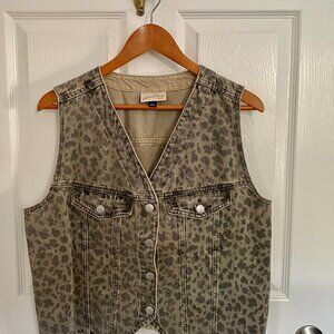 Grey and Black Animal Print Washed Denim Vest with Silver Buttons